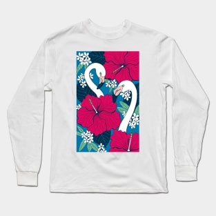 Flamingos and tropical flowers and leaves Long Sleeve T-Shirt